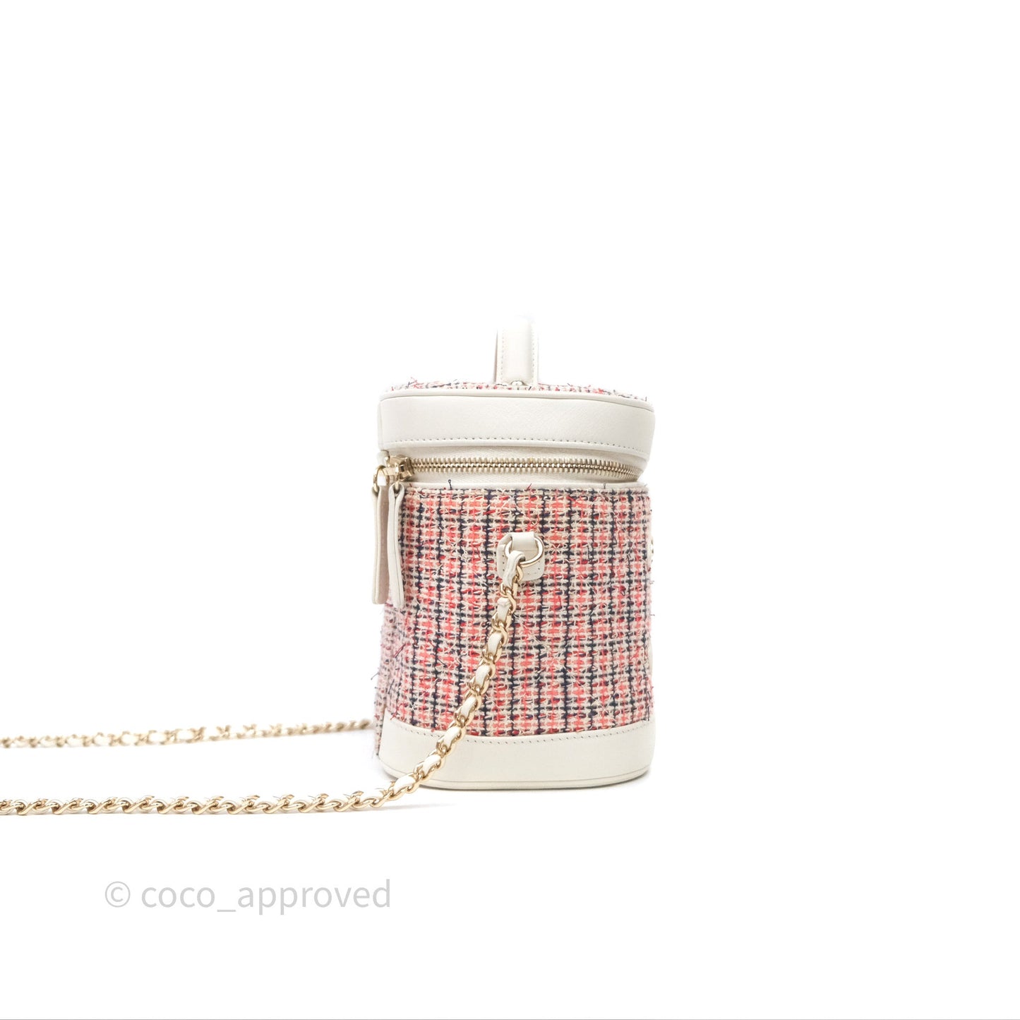 Chanel Round Vanity Clutch With Chain White Tweed Gold Hardware