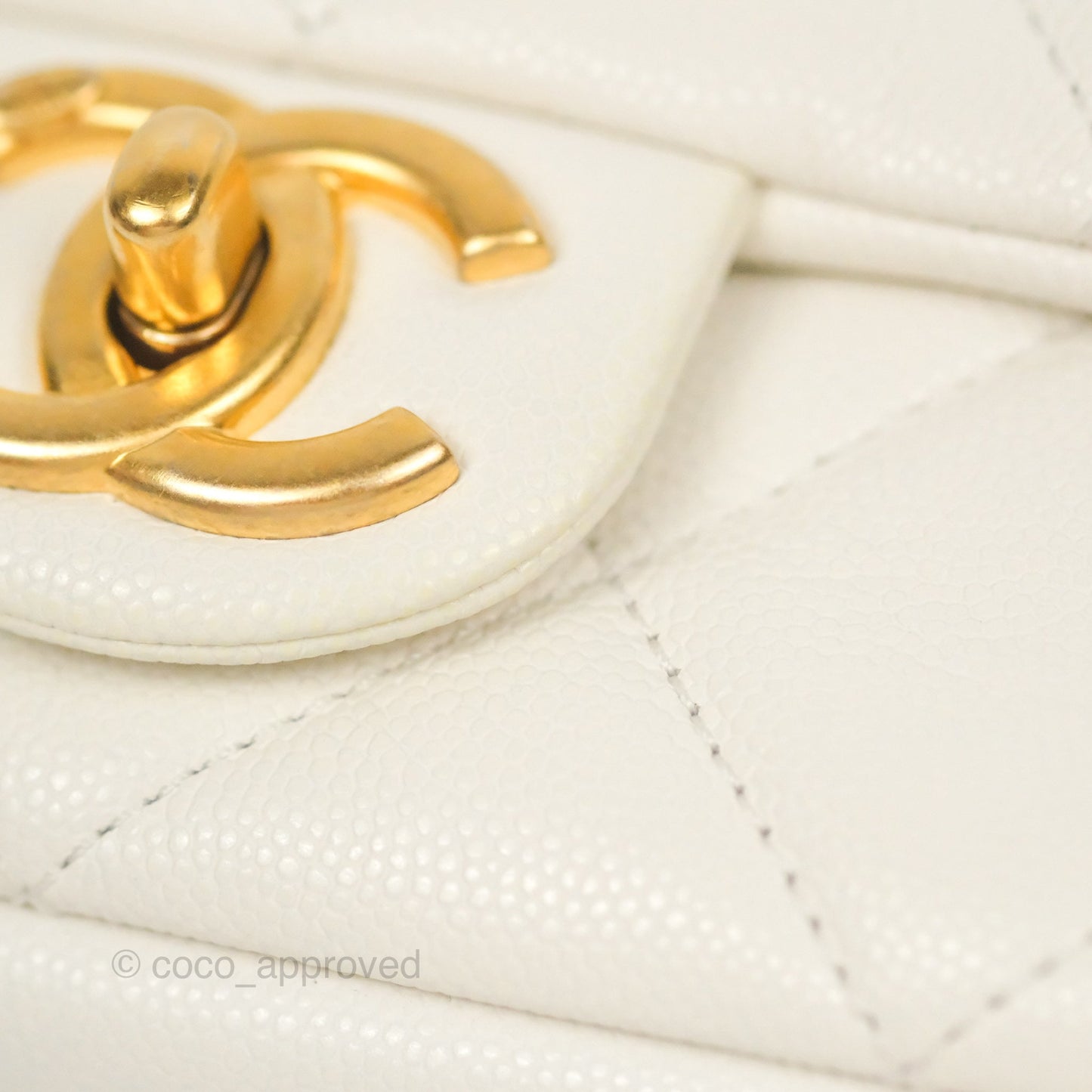 Chanel Mini Flap with Coin Charm White Caviar Aged Gold Hardware 22A