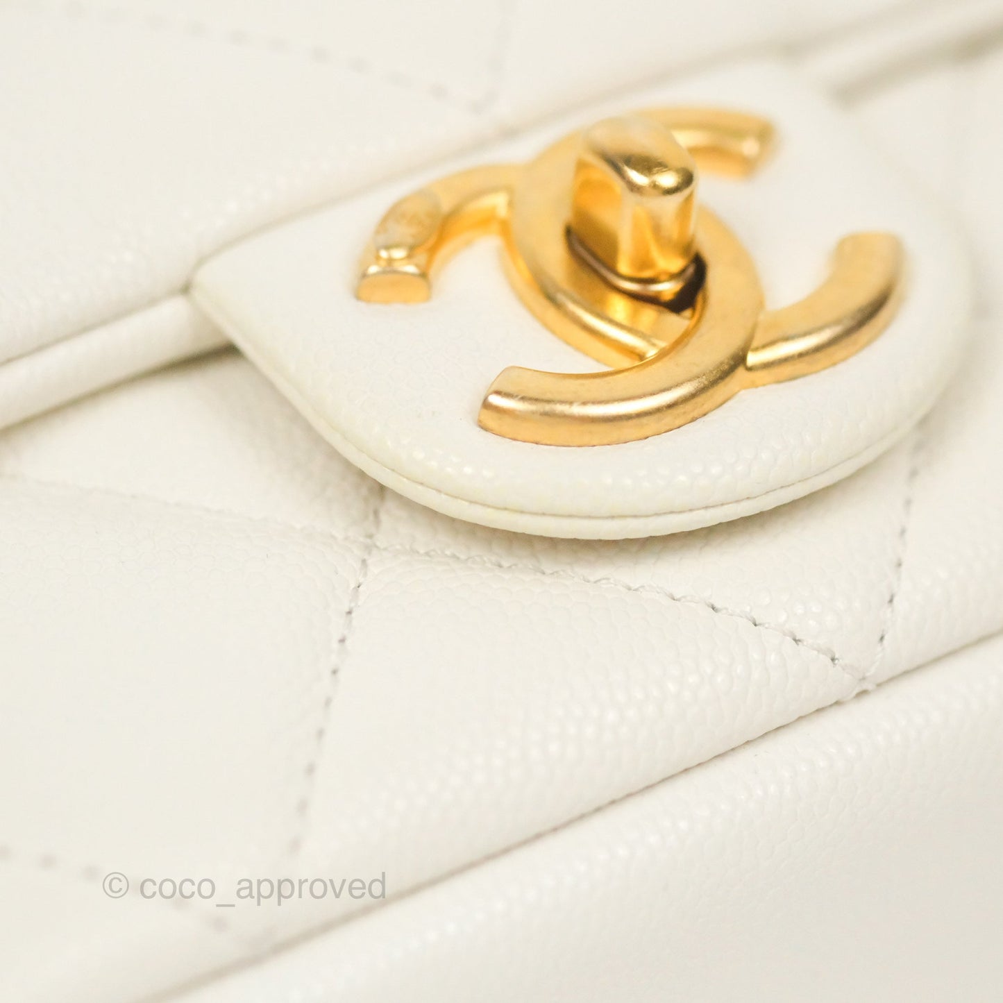 Chanel Mini Flap with Coin Charm White Caviar Aged Gold Hardware 22A