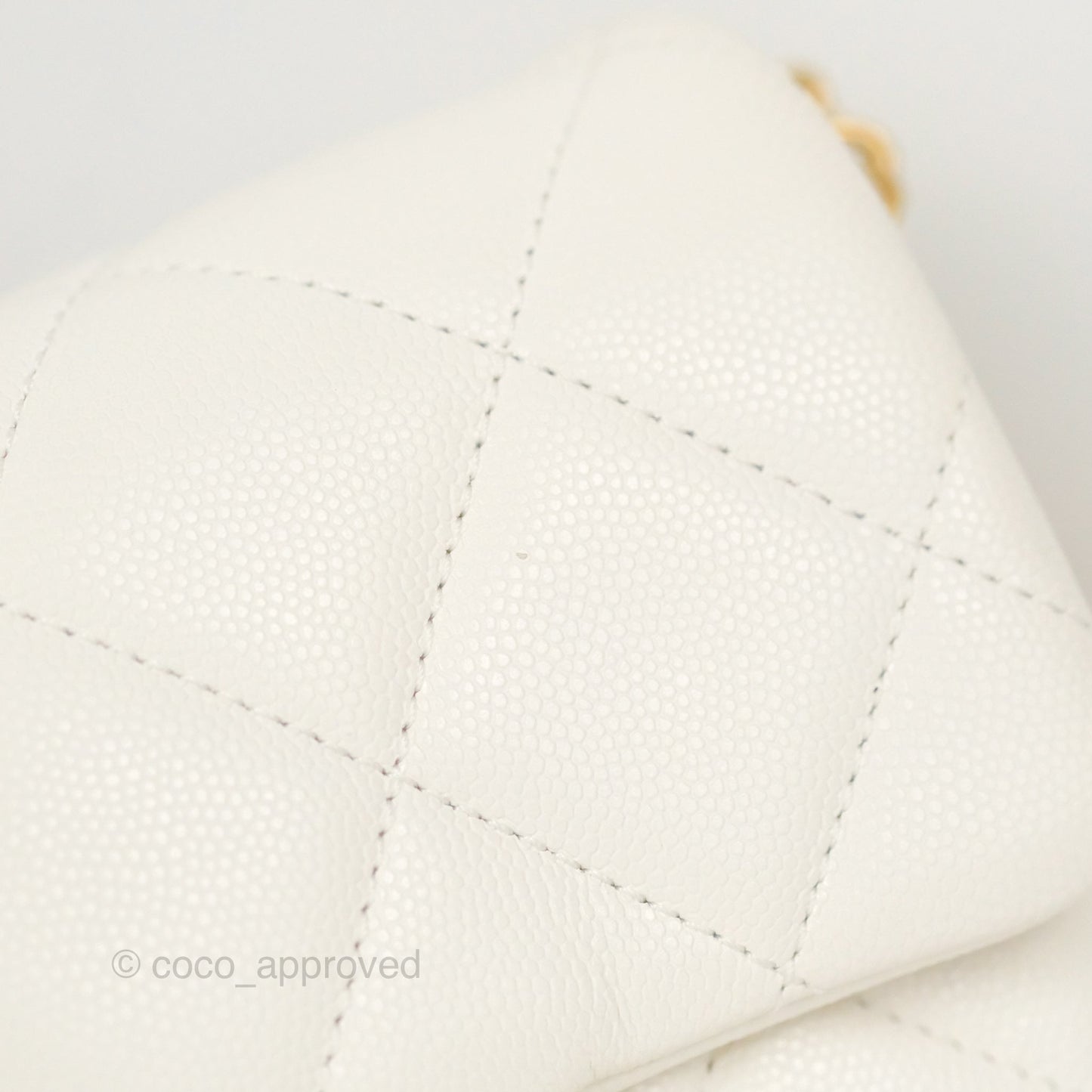 Chanel Mini Flap with Coin Charm White Caviar Aged Gold Hardware 22A