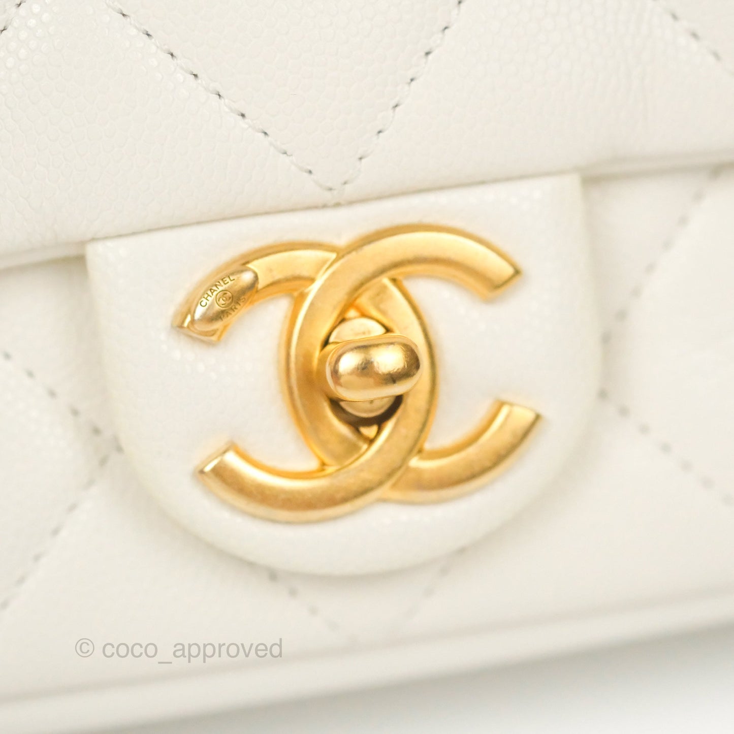 Chanel Mini Flap with Coin Charm White Caviar Aged Gold Hardware 22A