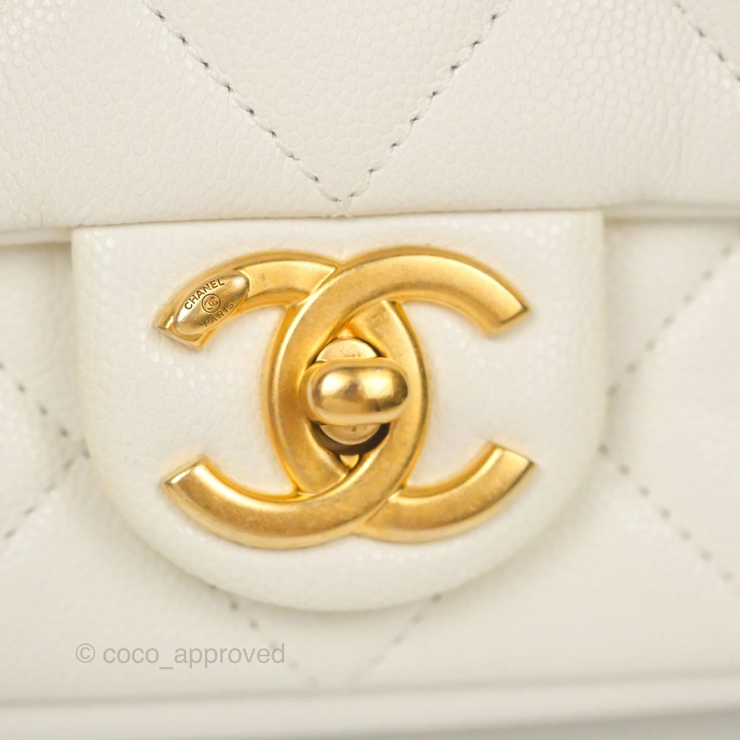 Chanel Mini Flap with Coin Charm White Caviar Aged Gold Hardware 22A