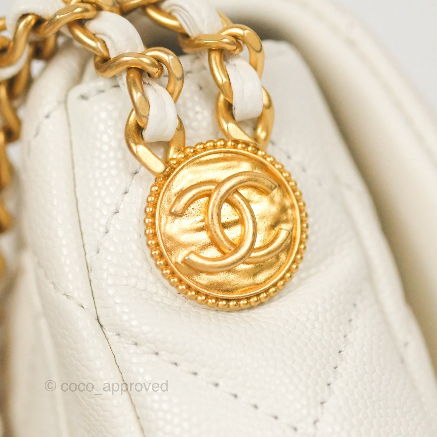 Chanel Mini Flap with Coin Charm White Caviar Aged Gold Hardware 22A
