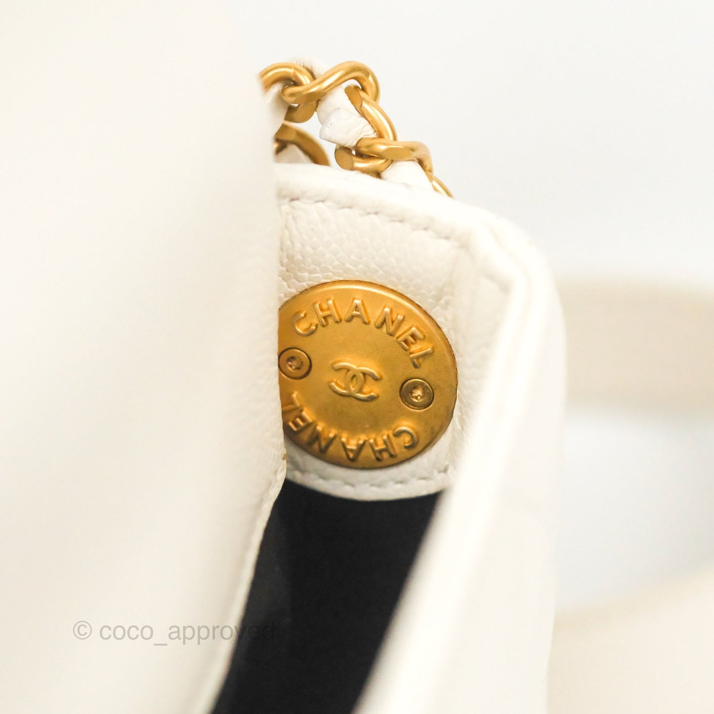 Chanel Mini Flap with Coin Charm White Caviar Aged Gold Hardware 22A