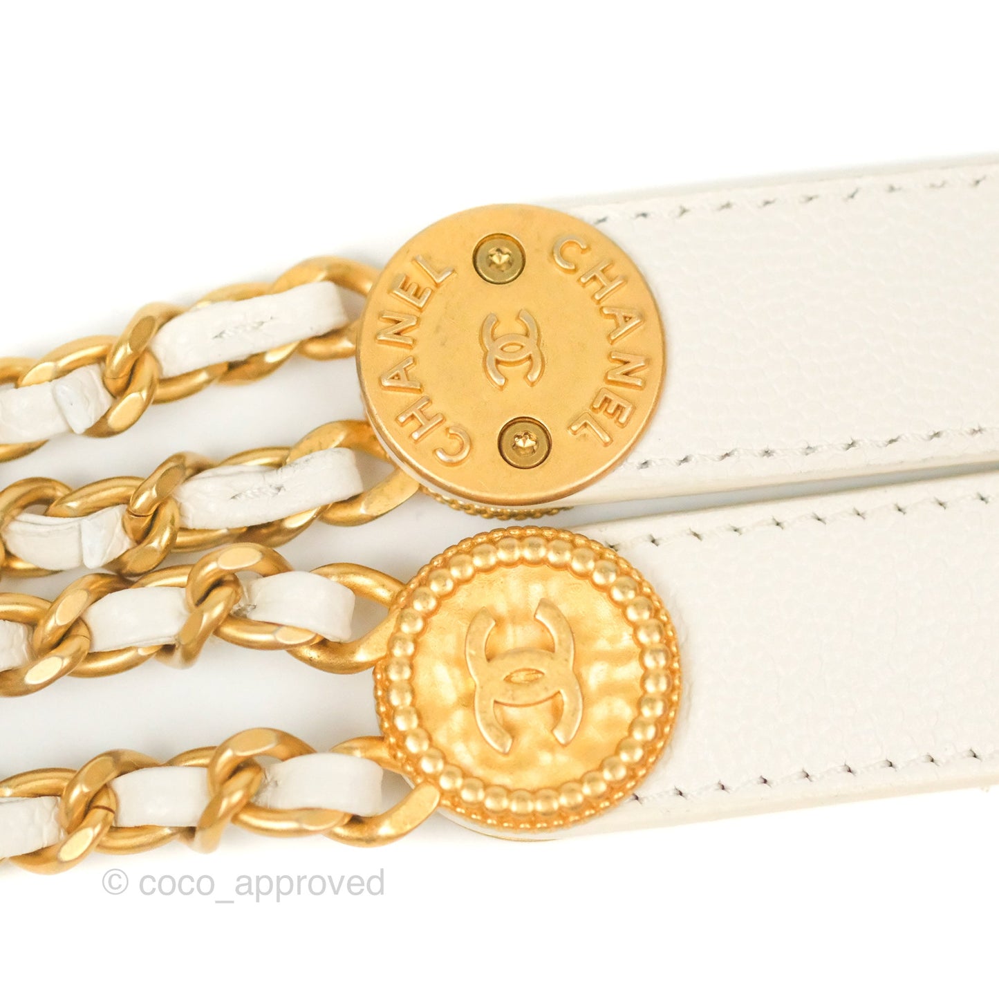Chanel Mini Flap with Coin Charm White Caviar Aged Gold Hardware 22A