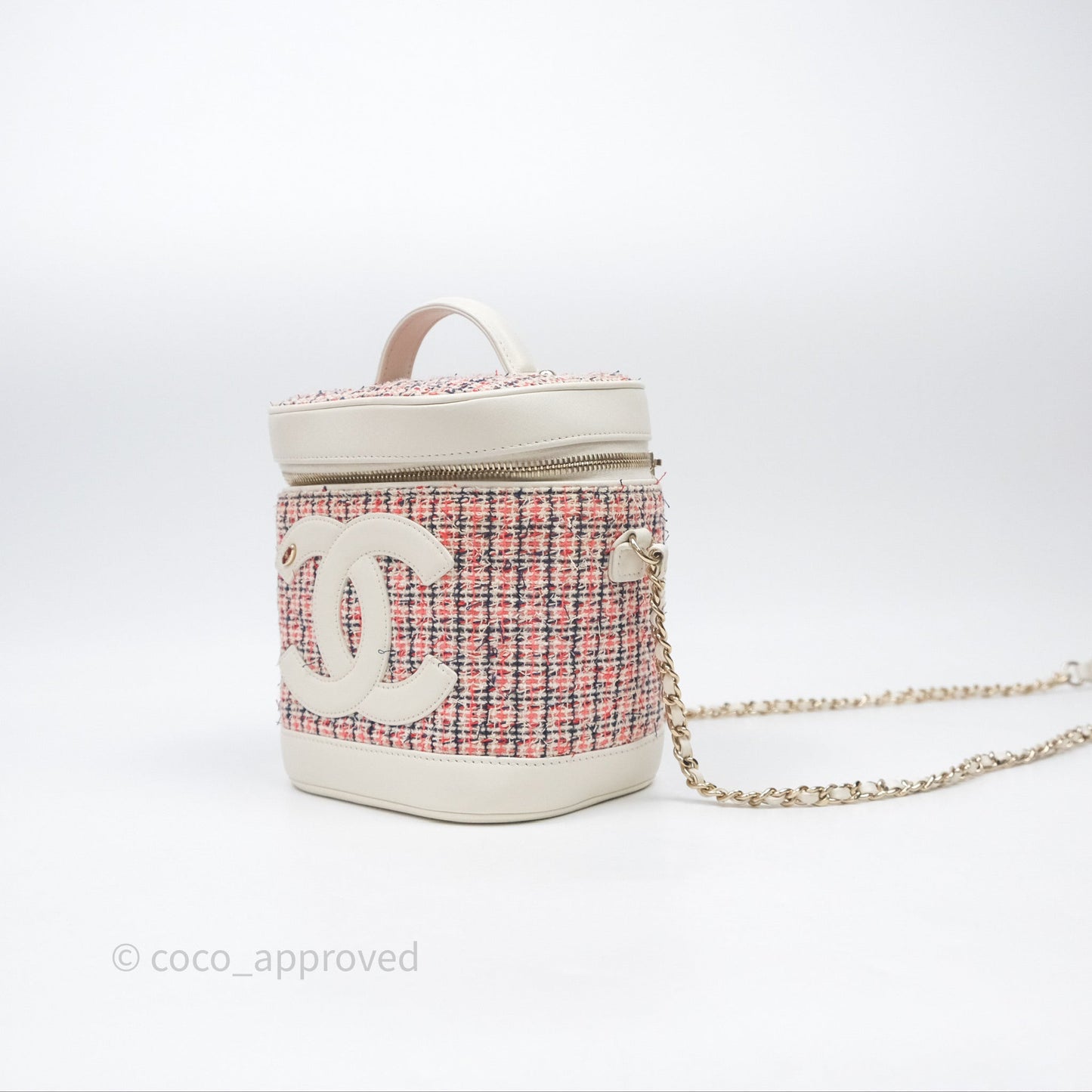 Chanel Round Vanity Clutch With Chain White Tweed Gold Hardware