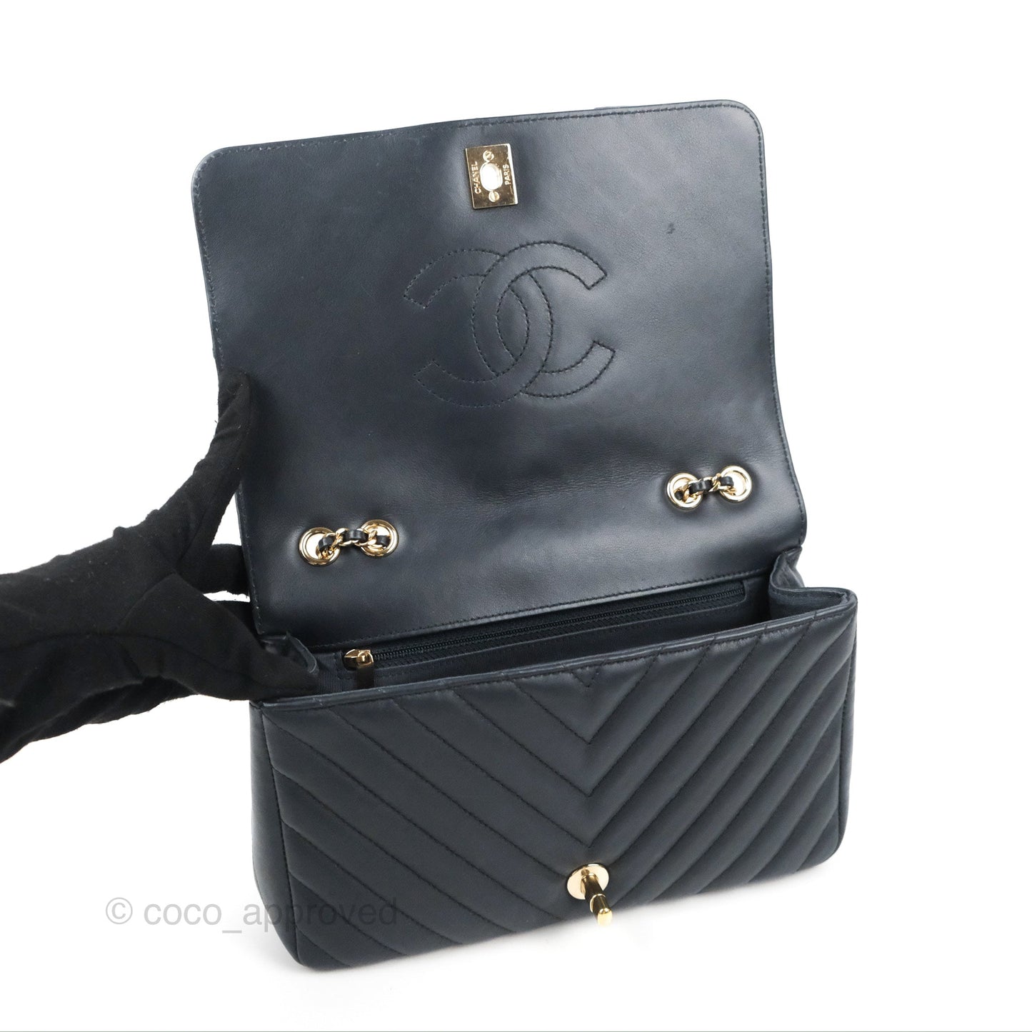 Chanel Medium Statement Chevron Flap Bag Navy Calfskin Gold Hardware