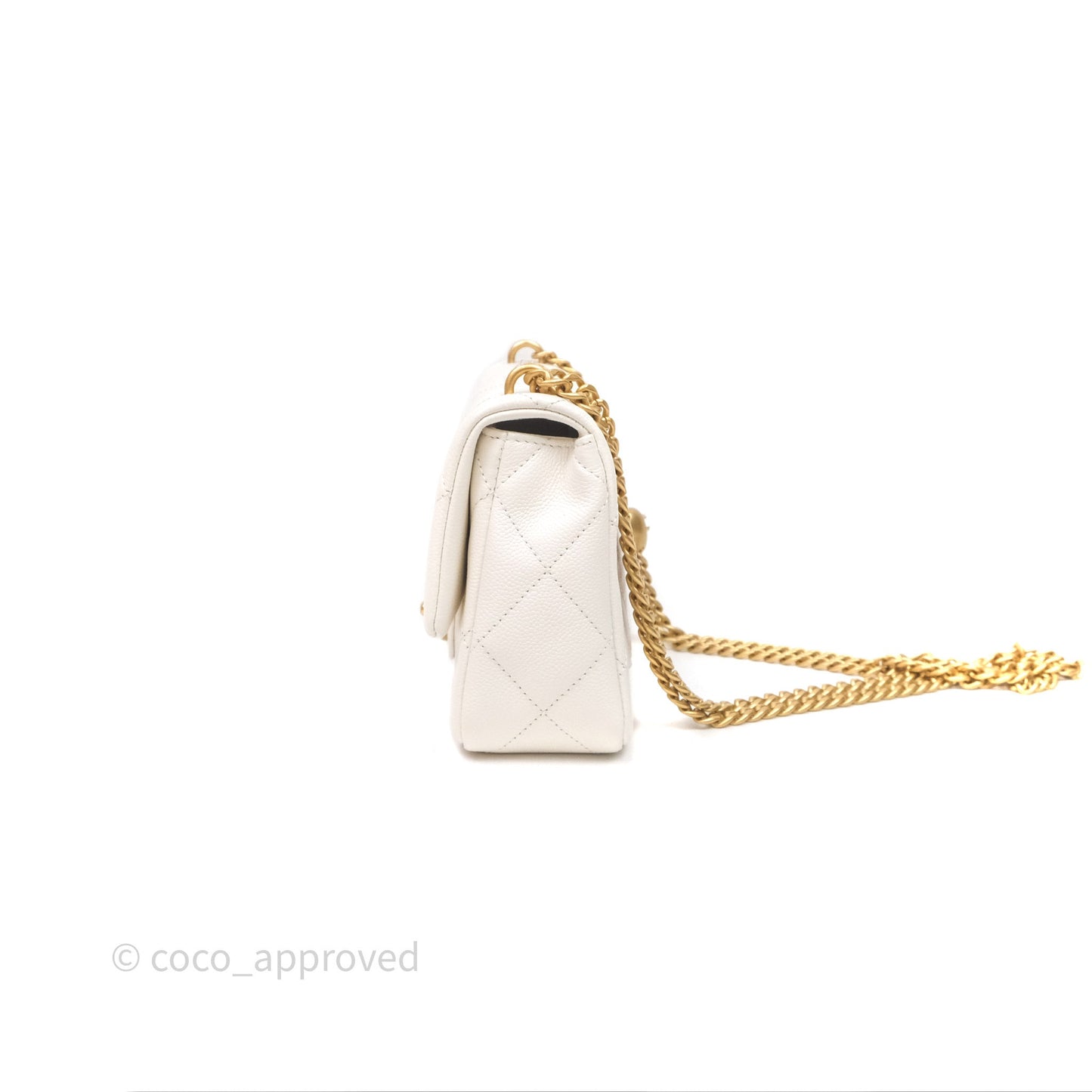 Chanel Mini Flap Bag Heart Adjustable Chain White Caviar Aged Gold Hardware