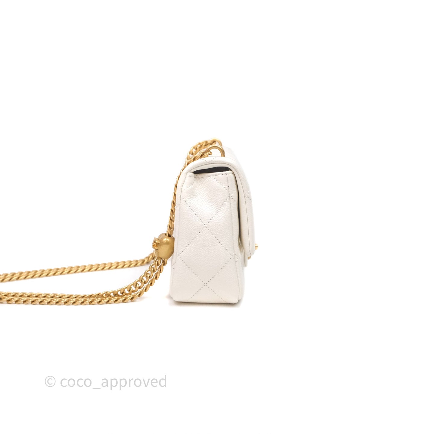 Chanel Mini Flap Bag Heart Adjustable Chain White Caviar Aged Gold Hardware