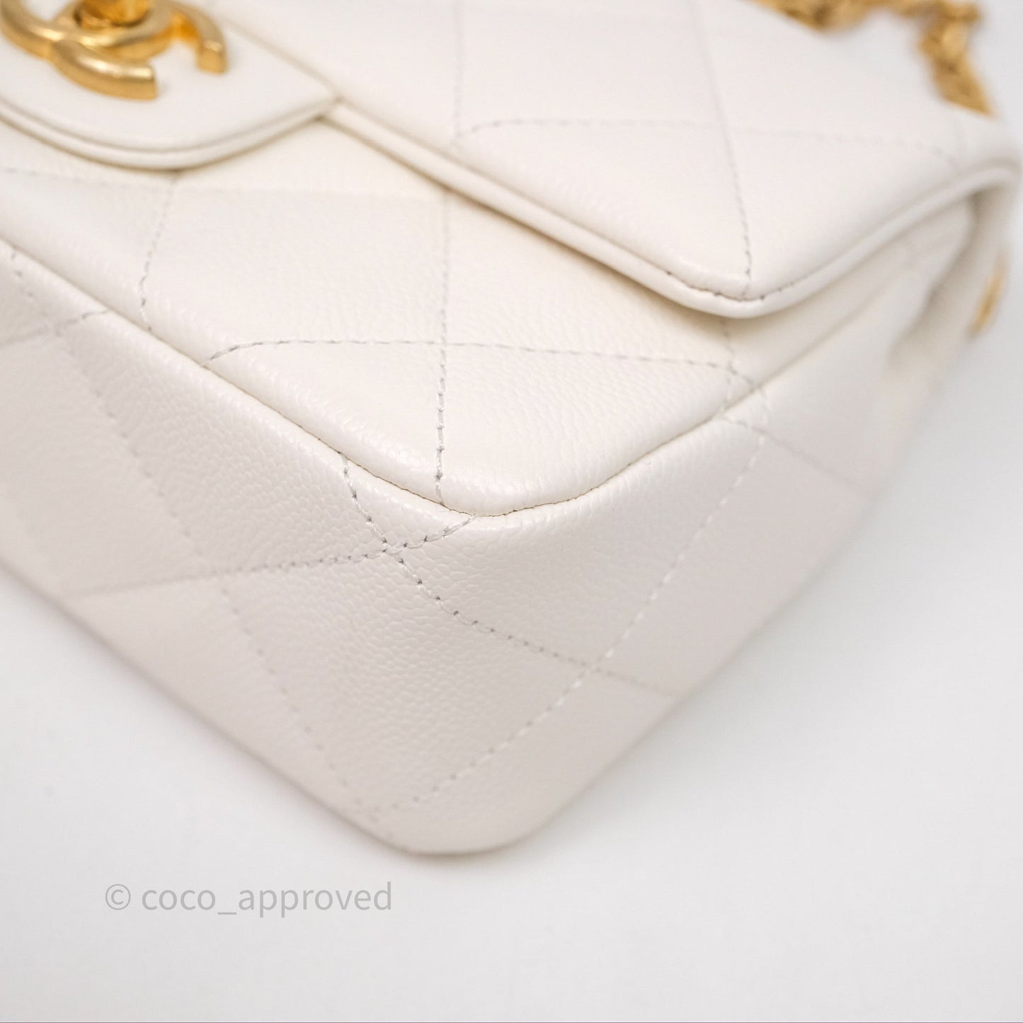 Chanel Mini Flap Bag Heart Adjustable Chain White Caviar Aged Gold Hardware