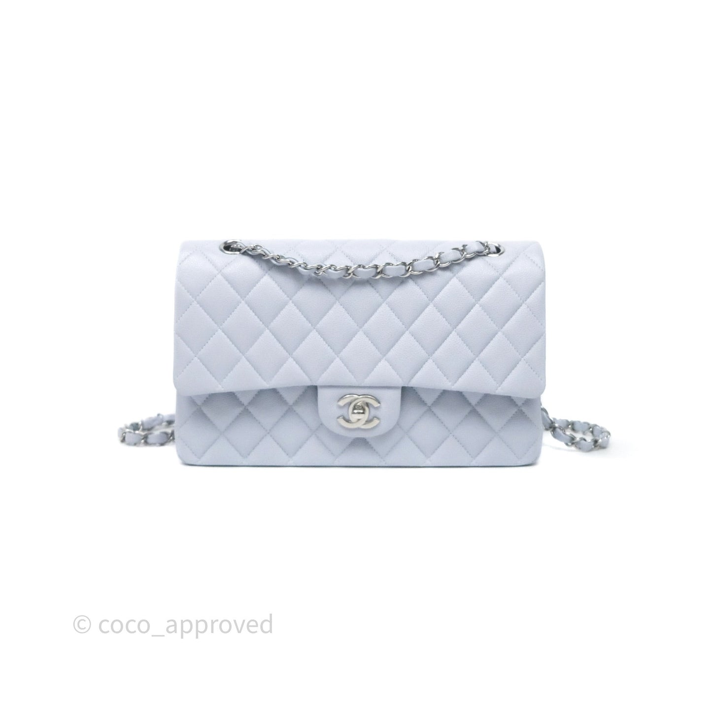 Chanel Classic M/L Medium Flap Light Blue Caviar Silver Hardware