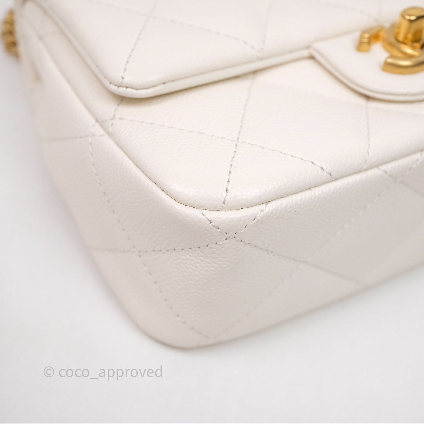 Chanel Mini Flap Bag Heart Adjustable Chain White Caviar Aged Gold Hardware