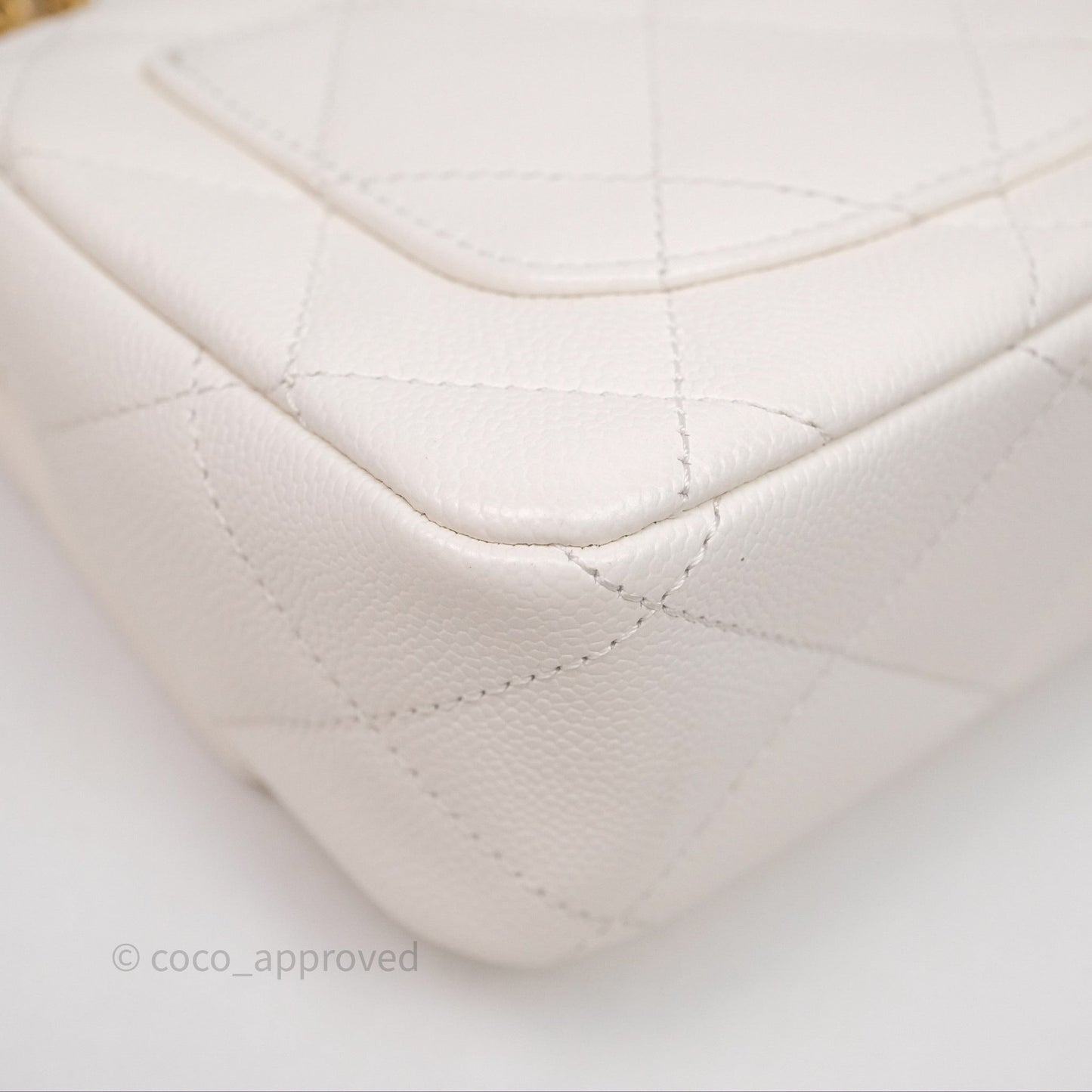 Chanel Mini Flap Bag Heart Adjustable Chain White Caviar Aged Gold Hardware