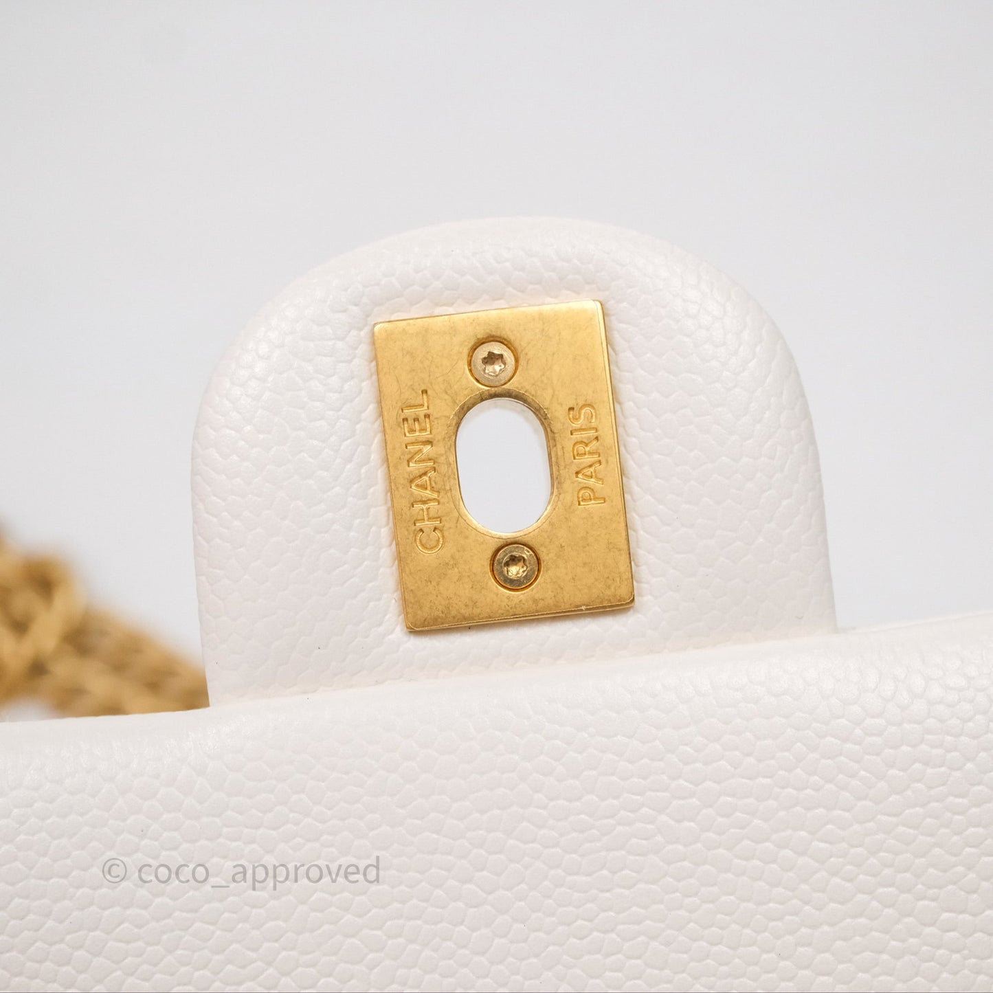 Chanel Mini Flap Bag Heart Adjustable Chain White Caviar Aged Gold Hardware
