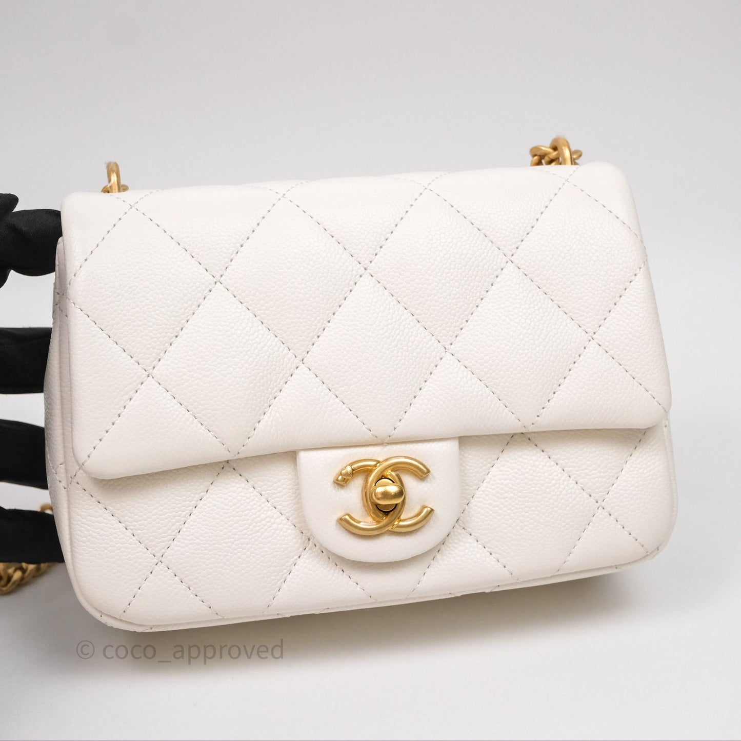 Chanel Mini Flap Bag Heart Adjustable Chain White Caviar Aged Gold Hardware