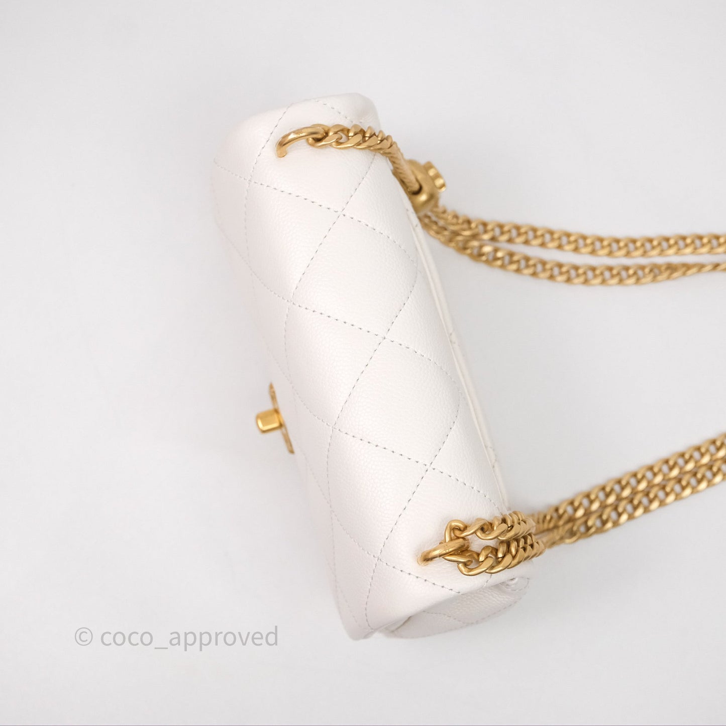 Chanel Mini Flap Bag Heart Adjustable Chain White Caviar Aged Gold Hardware