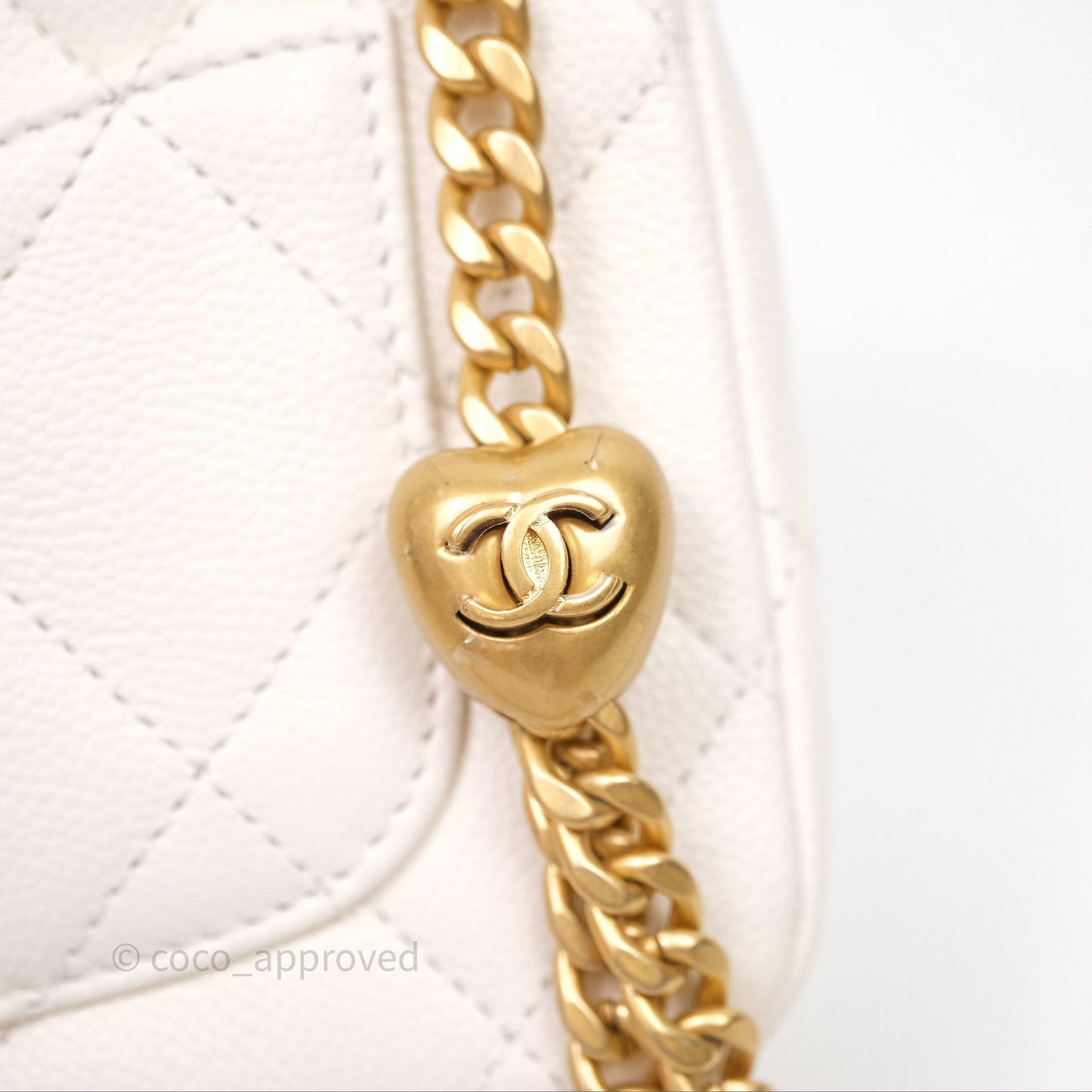 Chanel Mini Flap Bag Heart Adjustable Chain White Caviar Aged Gold Hardware