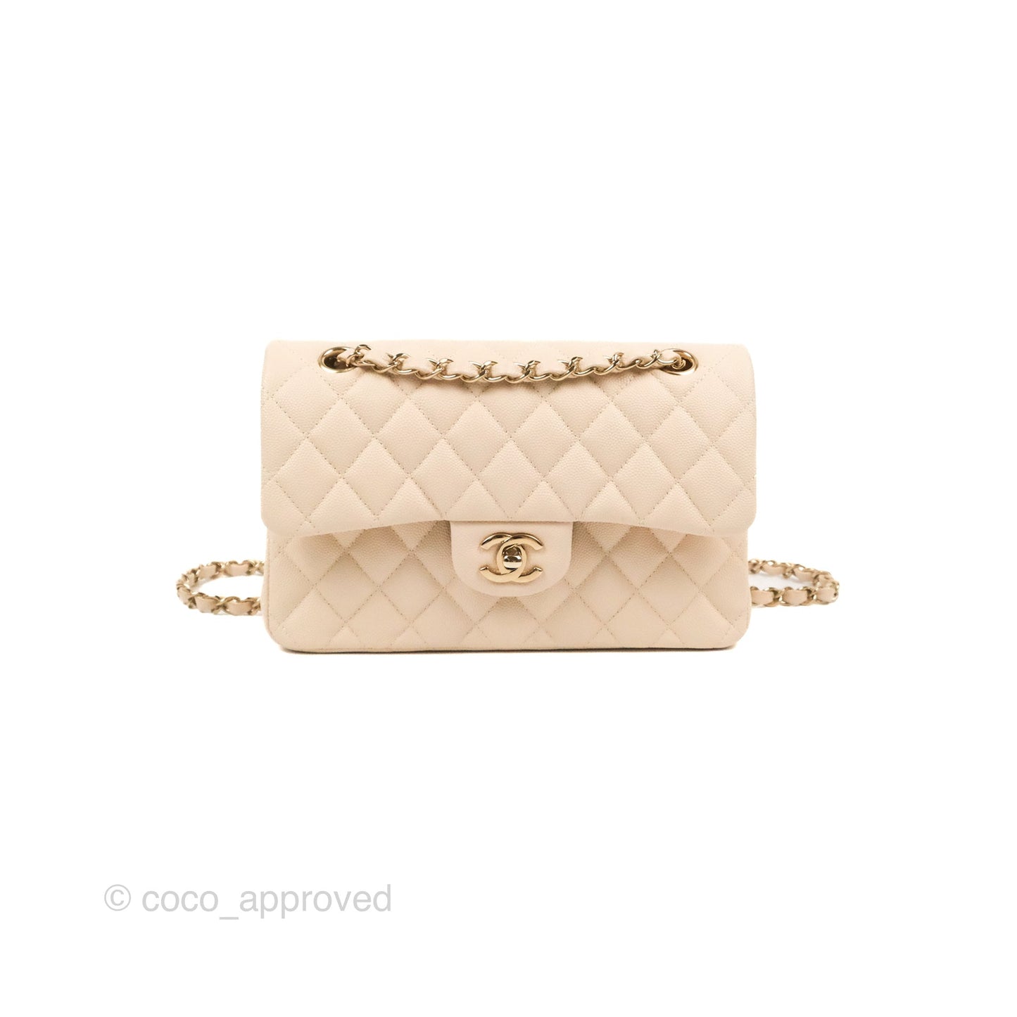 Chanel Small Classic Quilted Flap Light Ivory Beige Caviar Gold Hardware 20C