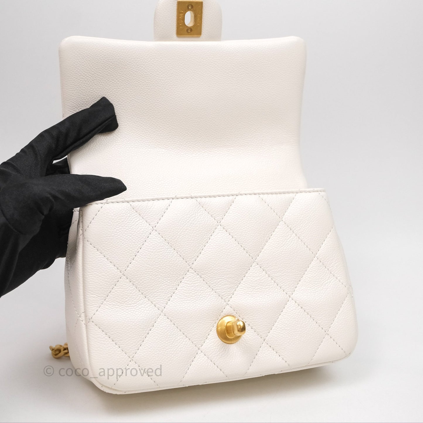 Chanel Mini Flap Bag Heart Adjustable Chain White Caviar Aged Gold Hardware