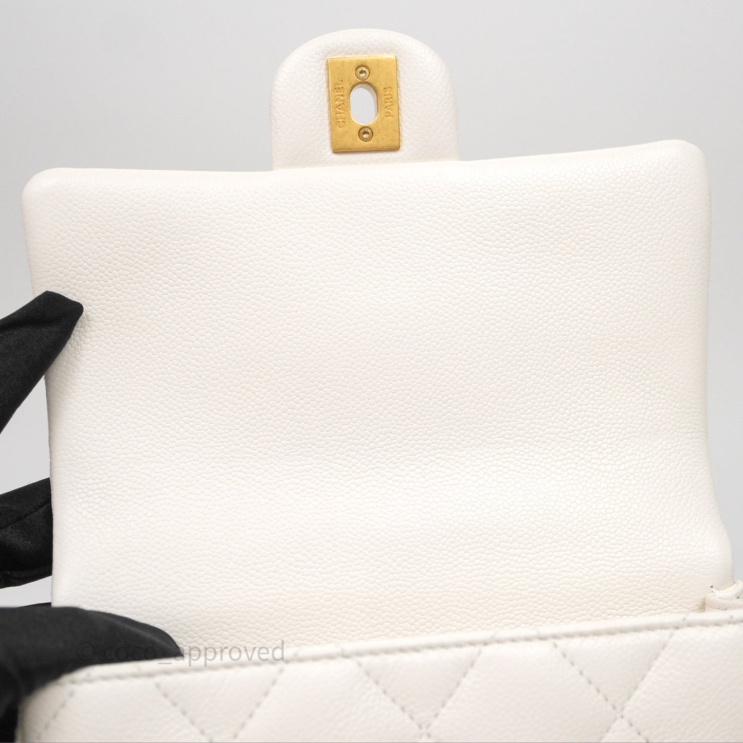 Chanel Mini Flap Bag Heart Adjustable Chain White Caviar Aged Gold Hardware