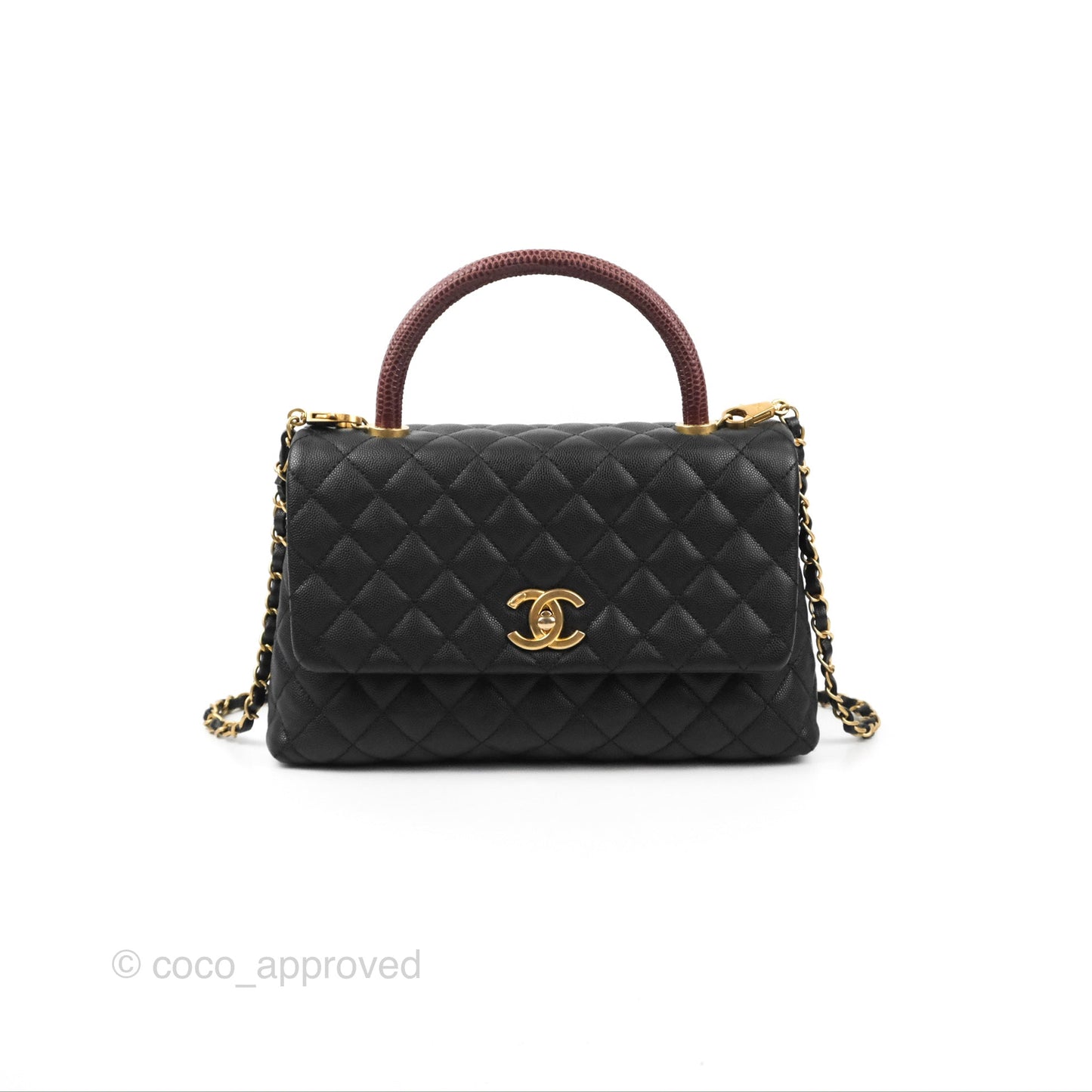 Chanel Medium Coco Handle Quilted Black Caviar Lizard Handle Gold Hardware