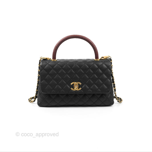 Chanel Medium Coco Handle Quilted Black Caviar Lizard Handle Gold Hardware