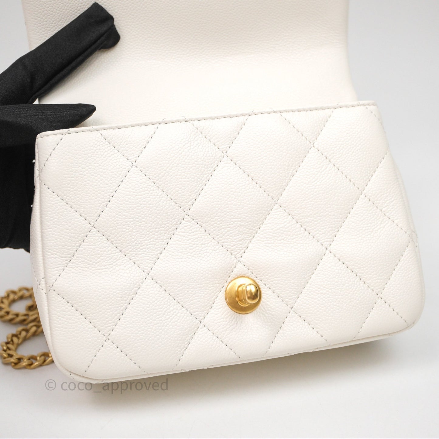 Chanel Mini Flap Bag Heart Adjustable Chain White Caviar Aged Gold Hardware