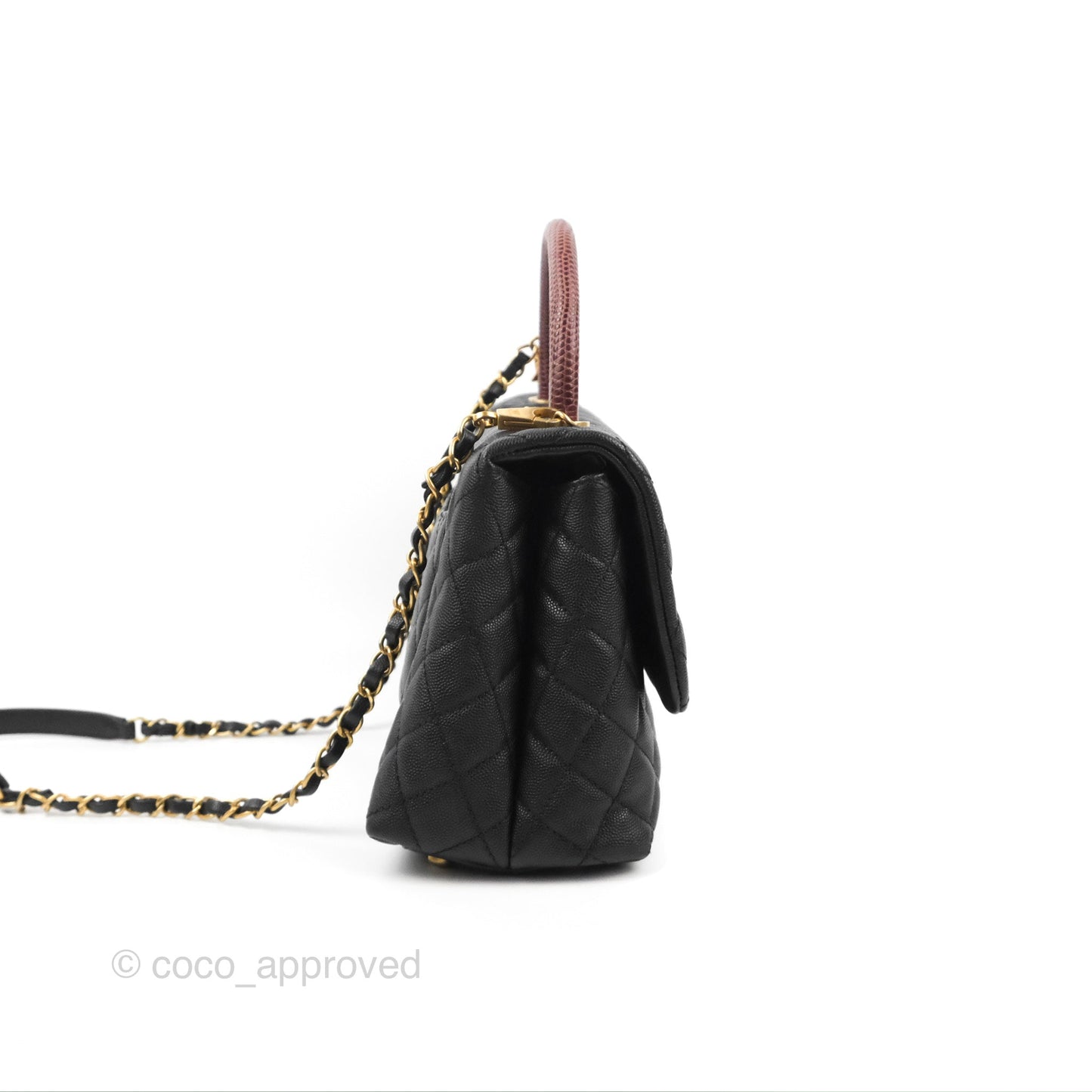Chanel Medium Coco Handle Quilted Black Caviar Lizard Handle Gold Hardware
