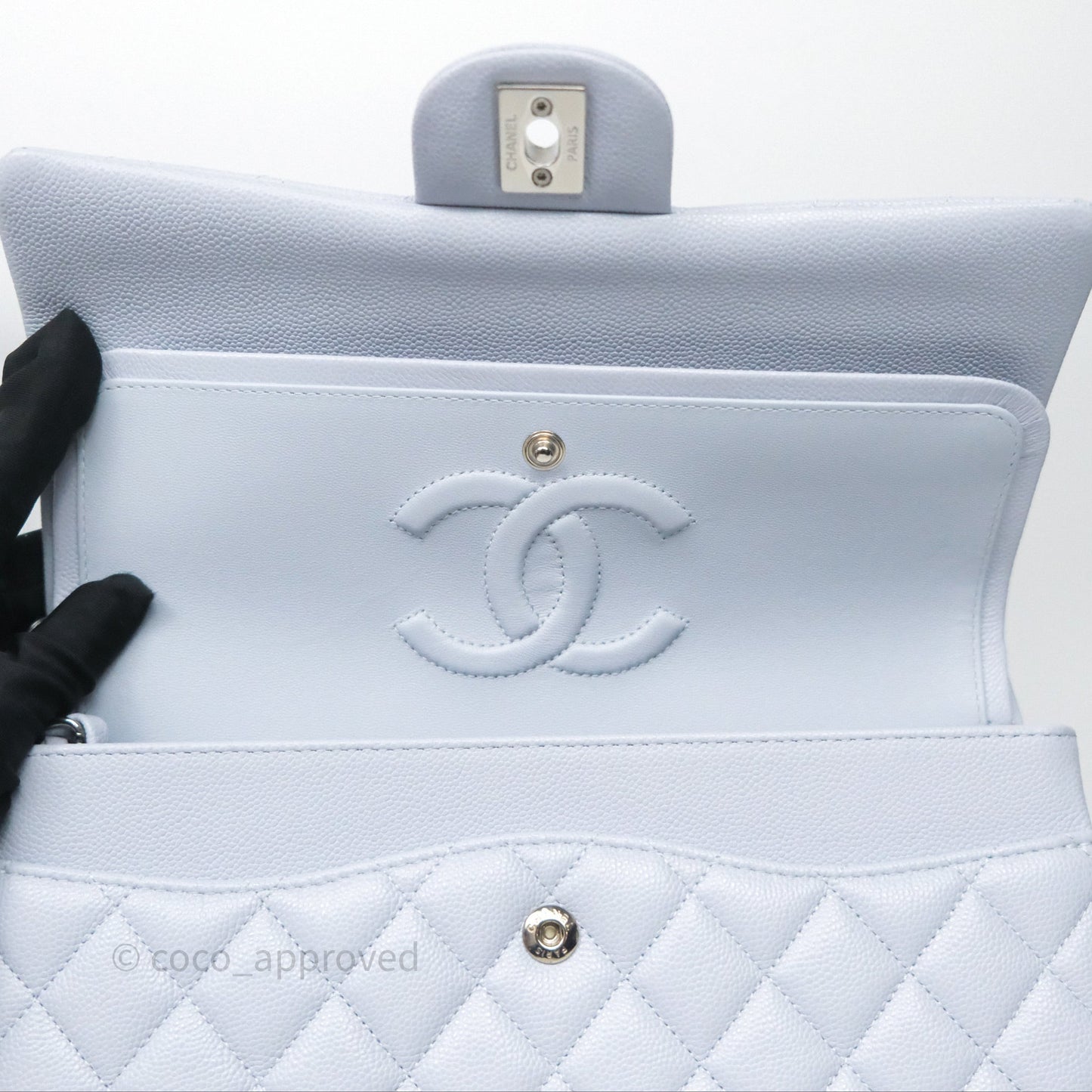 Chanel Classic M/L Medium Flap Light Blue Caviar Silver Hardware