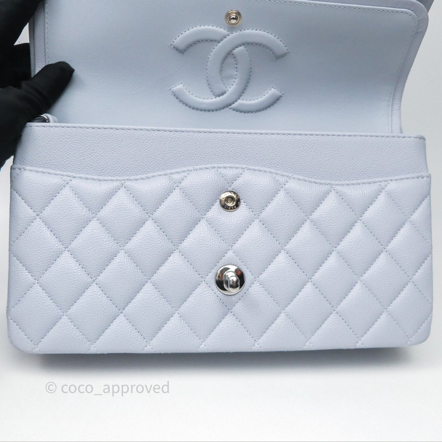 Chanel Classic M/L Medium Flap Light Blue Caviar Silver Hardware
