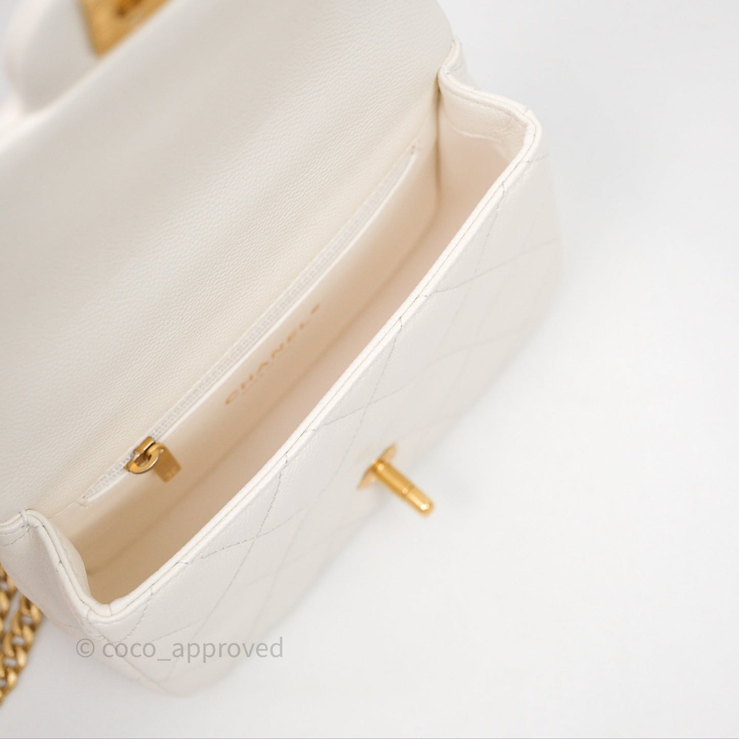 Chanel Mini Flap Bag Heart Adjustable Chain White Caviar Aged Gold Hardware