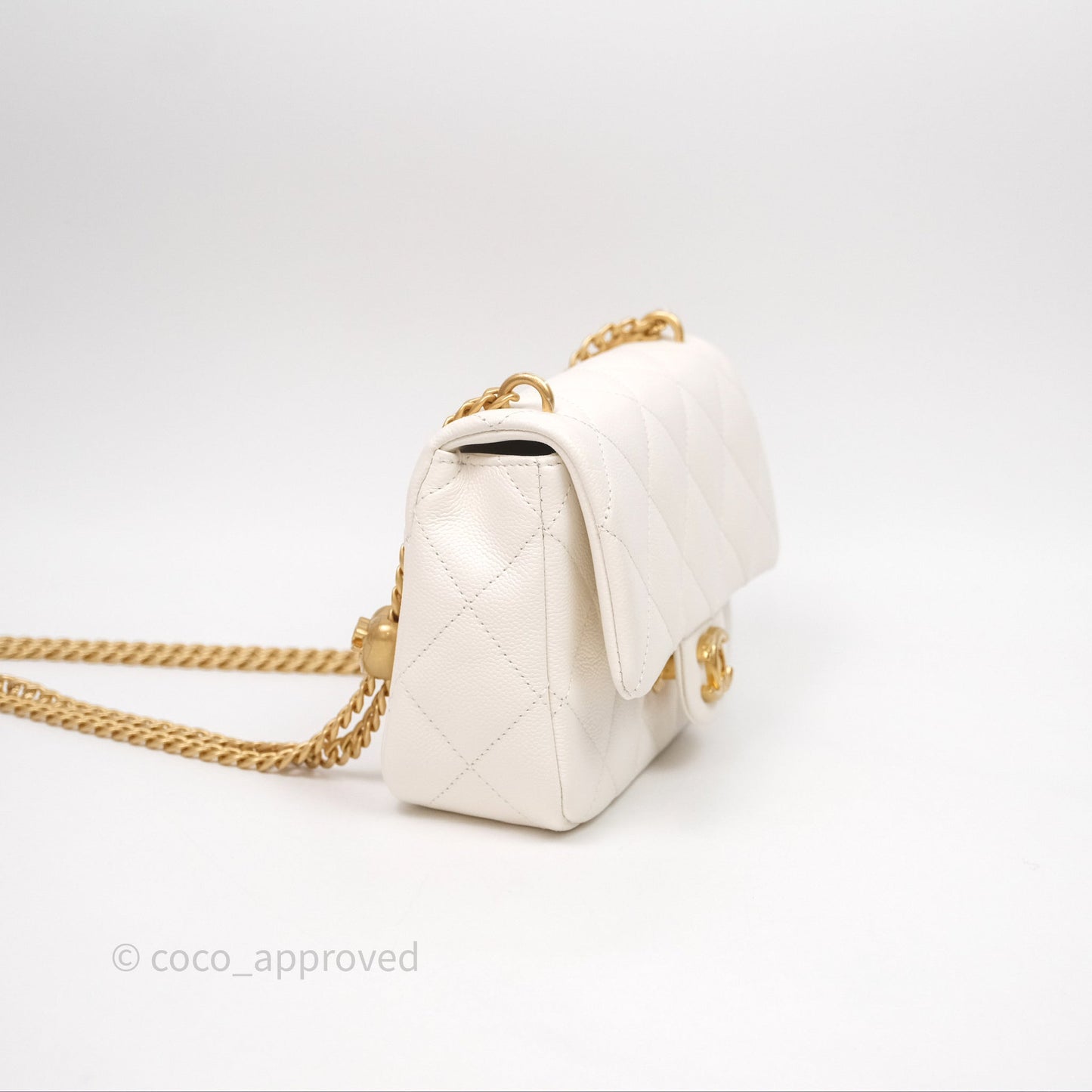 Chanel Mini Flap Bag Heart Adjustable Chain White Caviar Aged Gold Hardware