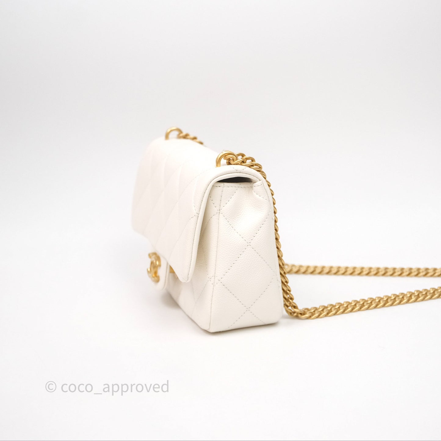 Chanel Mini Flap Bag Heart Adjustable Chain White Caviar Aged Gold Hardware