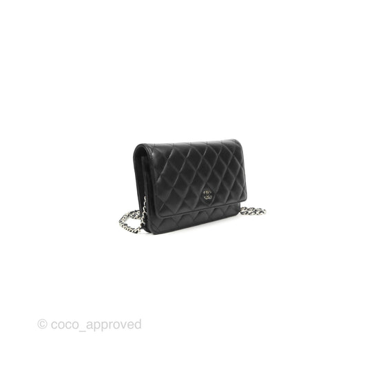 Chanel Quilted Classic Wallet on Chain WOC Black Lambskin Silver Hardware