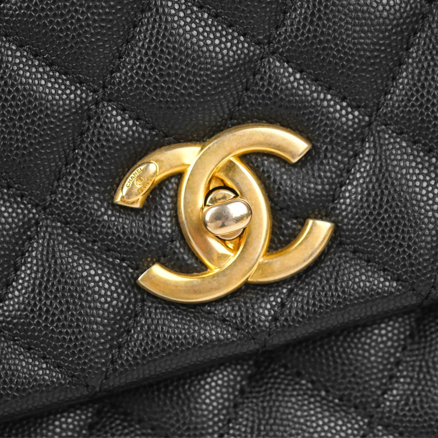Chanel Medium Coco Handle Quilted Black Caviar Lizard Handle Gold Hardware