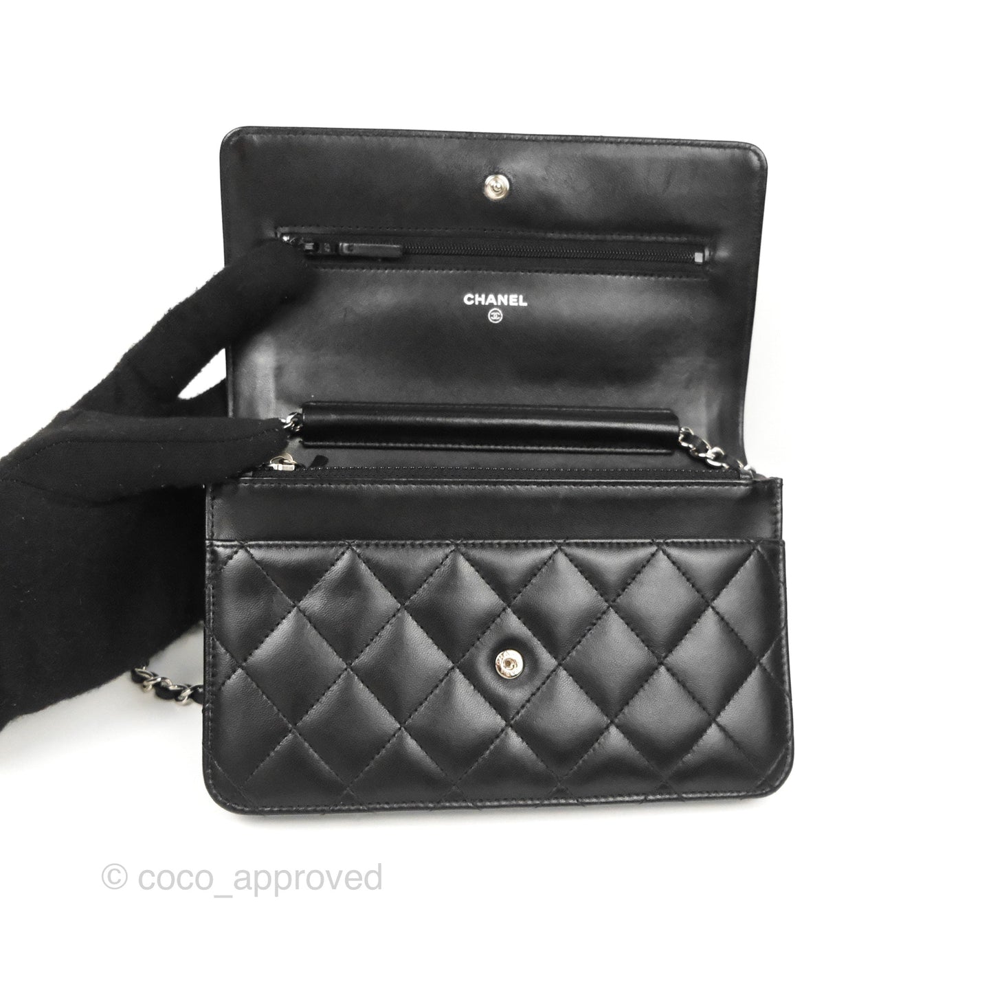Chanel Quilted Classic Wallet on Chain WOC Black Lambskin Silver Hardware