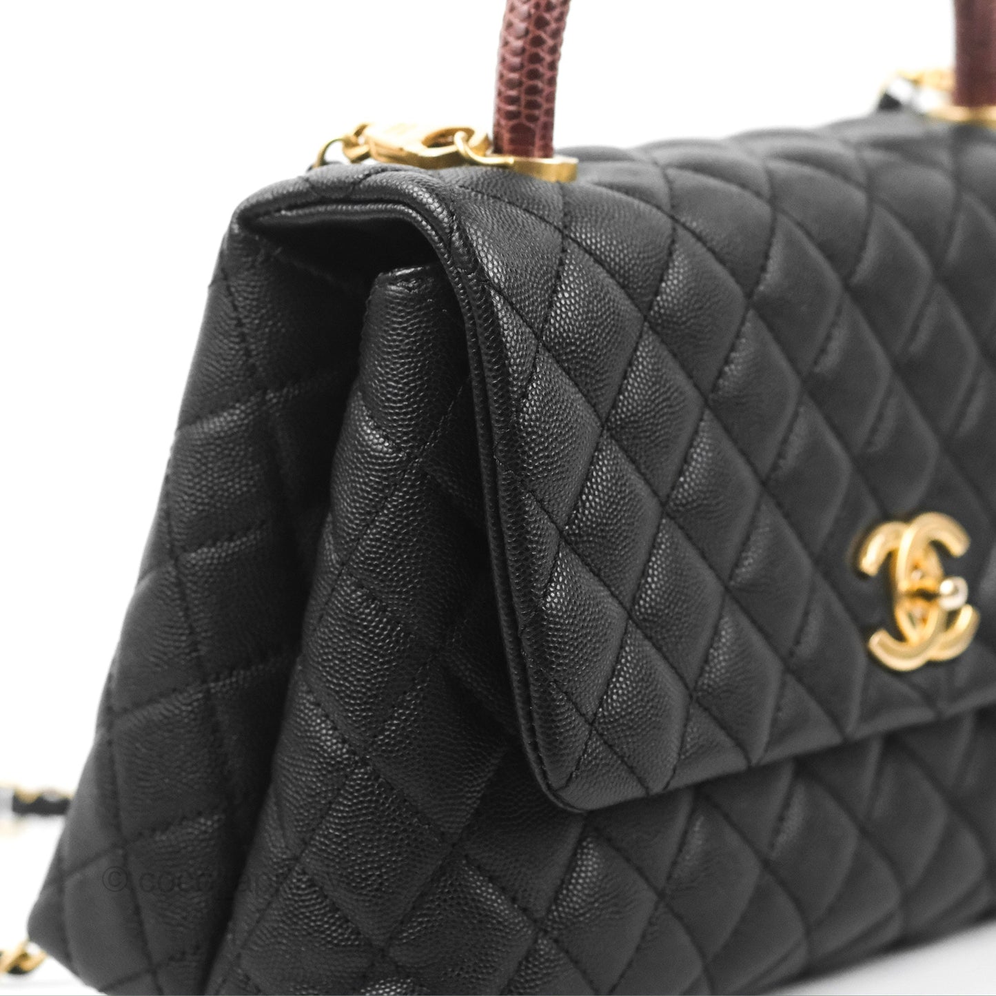 Chanel Medium Coco Handle Quilted Black Caviar Lizard Handle Gold Hardware