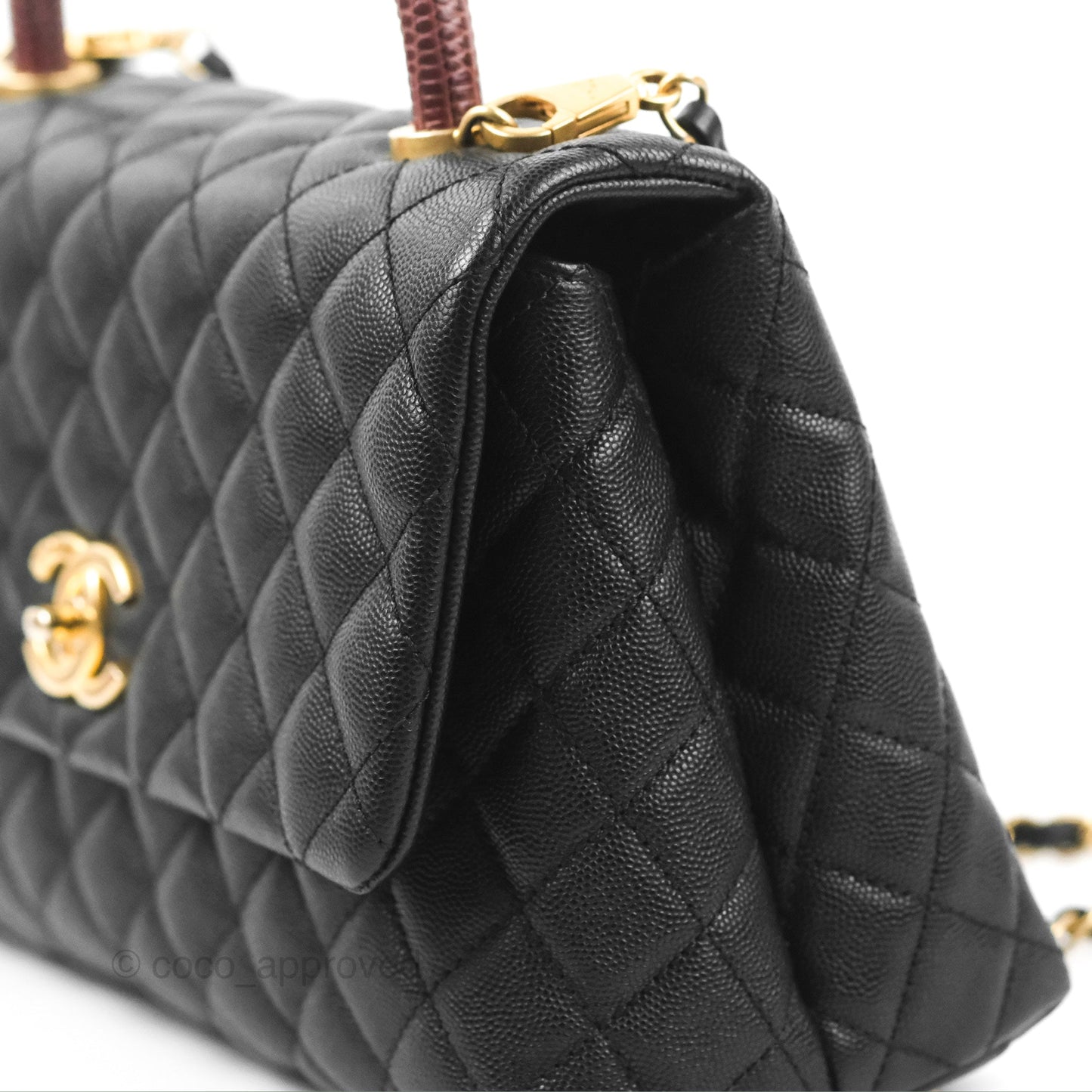 Chanel Medium Coco Handle Quilted Black Caviar Lizard Handle Gold Hardware