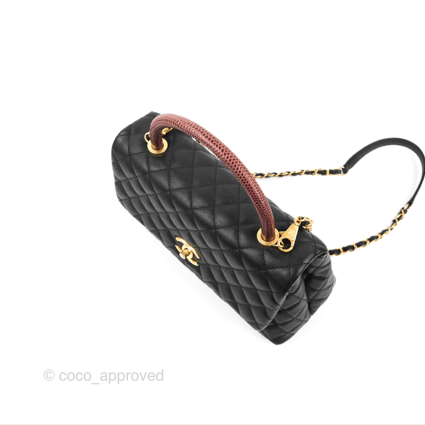 Chanel Medium Coco Handle Quilted Black Caviar Lizard Handle Gold Hardware