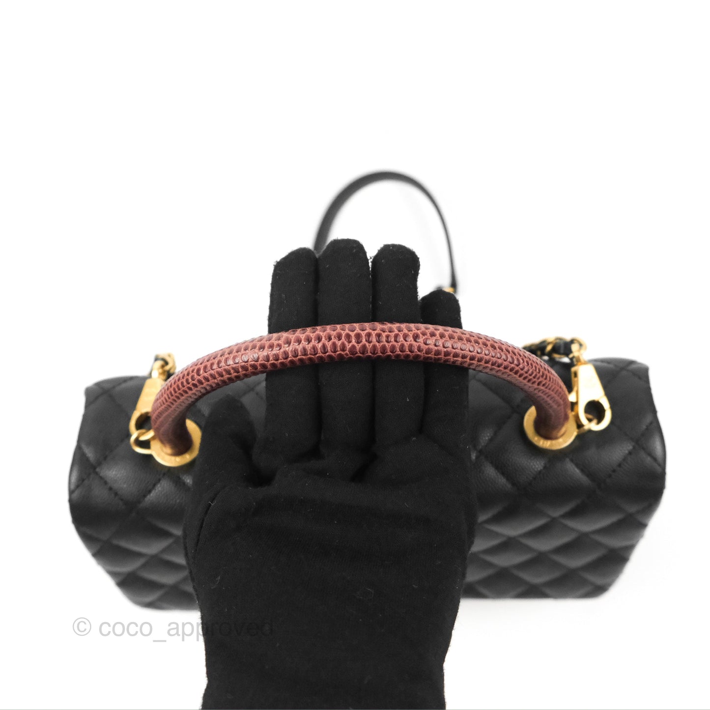 Chanel Medium Coco Handle Quilted Black Caviar Lizard Handle Gold Hardware