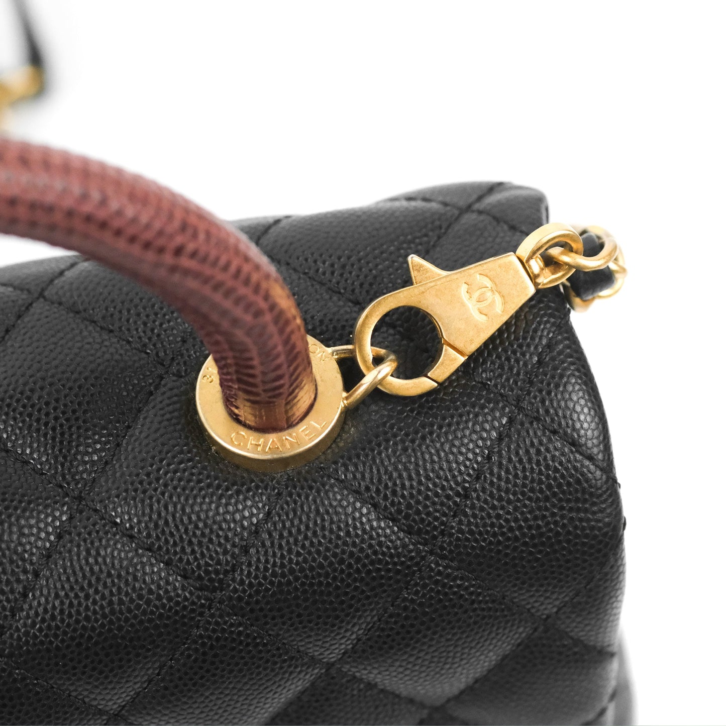 Chanel Medium Coco Handle Quilted Black Caviar Lizard Handle Gold Hardware