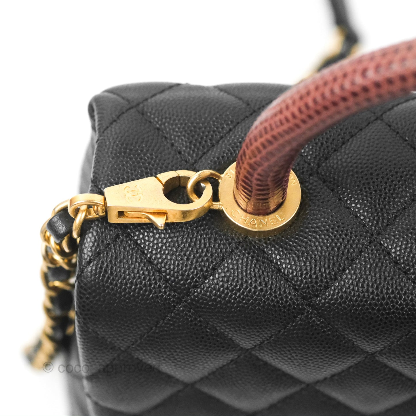 Chanel Medium Coco Handle Quilted Black Caviar Lizard Handle Gold Hardware
