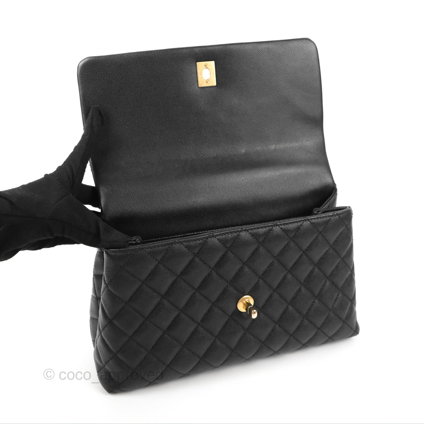 Chanel Medium Coco Handle Quilted Black Caviar Lizard Handle Gold Hardware