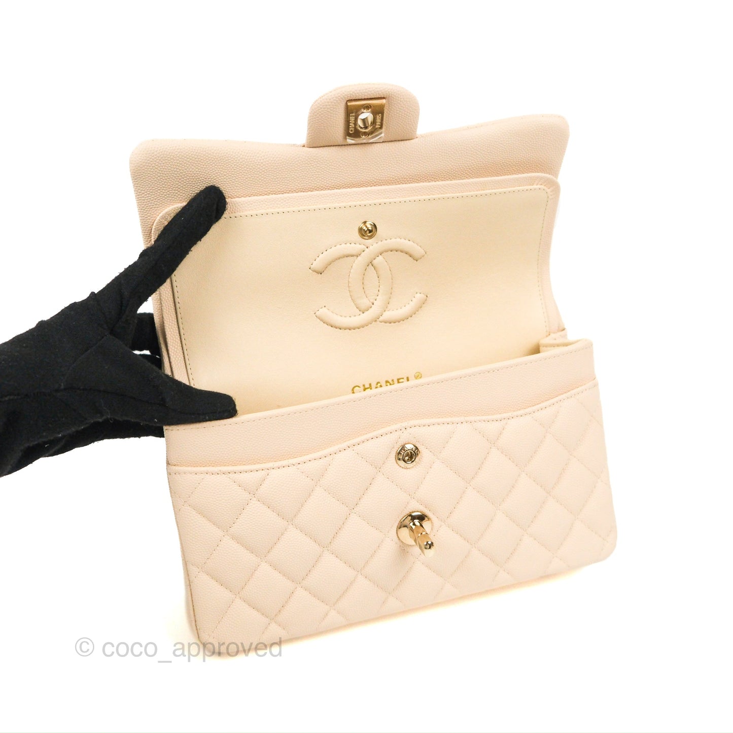 Chanel Small Classic Quilted Flap Light Ivory Beige Caviar Gold Hardware 20C