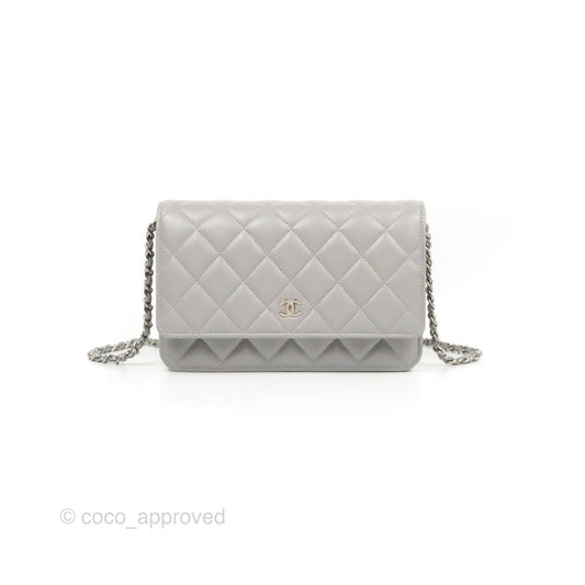 Chanel Quilted Classic Wallet on Chain WOC Grey Lambskin Silver Hardware