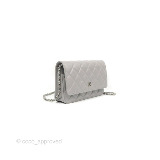 Chanel Quilted Classic Wallet on Chain WOC Grey Lambskin Silver Hardware