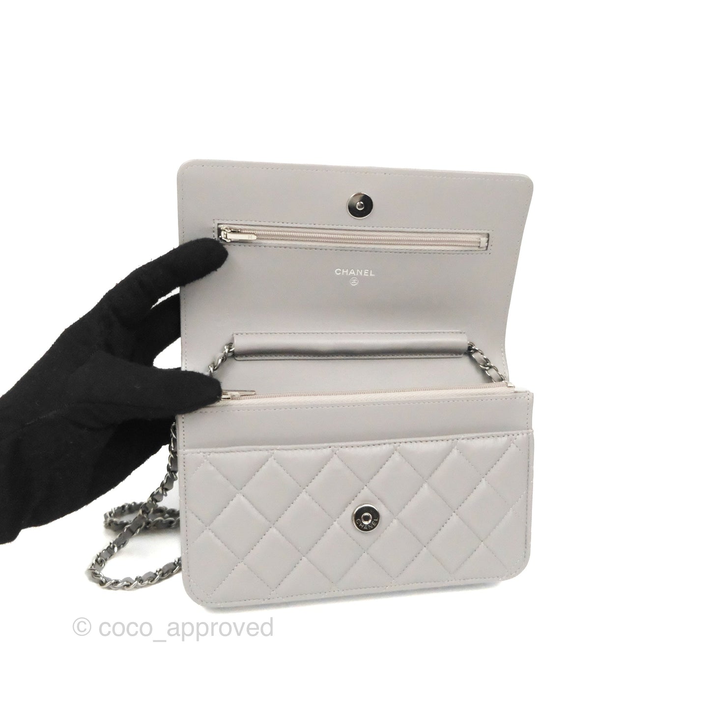 Chanel Quilted Classic Wallet on Chain WOC Grey Lambskin Silver Hardware