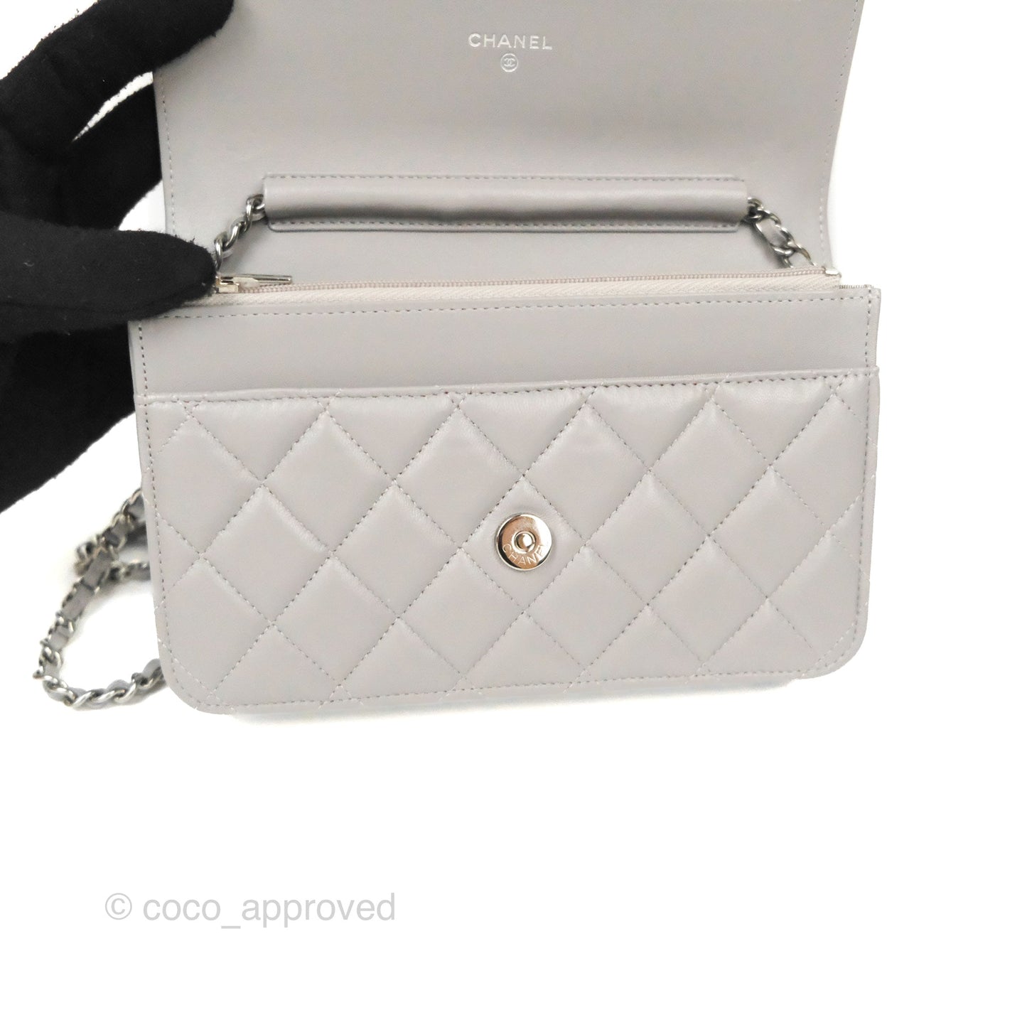 Chanel Quilted Classic Wallet on Chain WOC Grey Lambskin Silver Hardware