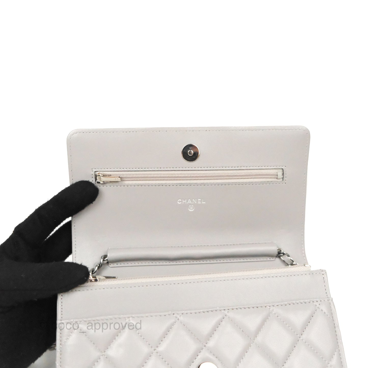 Chanel Quilted Classic Wallet on Chain WOC Grey Lambskin Silver Hardware
