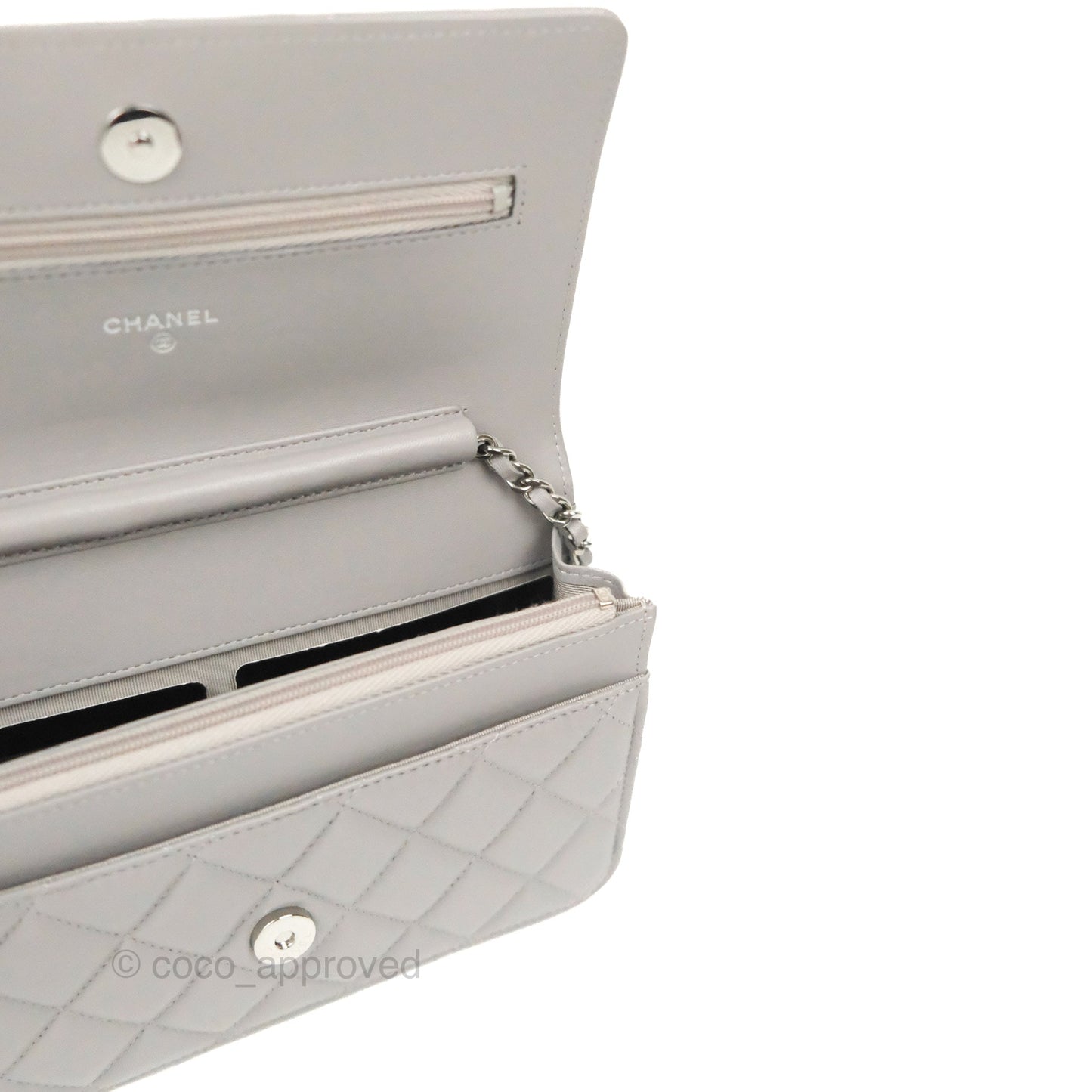 Chanel Quilted Classic Wallet on Chain WOC Grey Lambskin Silver Hardware